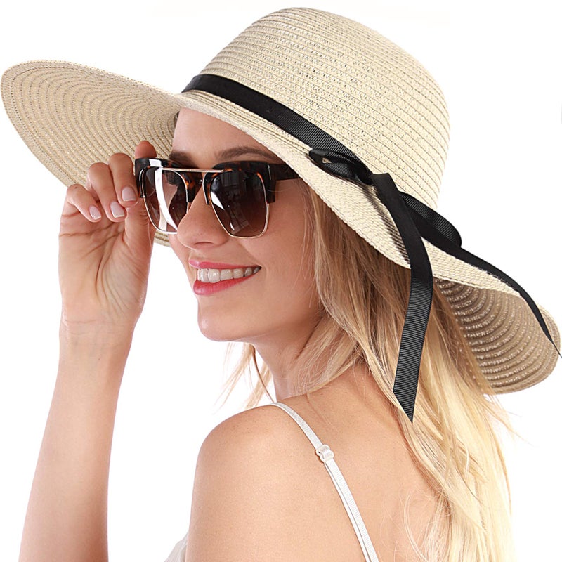Double Couple Womens Straw Hat Wide Brim Floppy Beach Sun Hat for Women UPF 50+ Adjustable Strap Vacation - Image 1